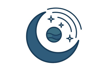 Dark blue crescent moon and planet icon with sparkling stars and orbital lines