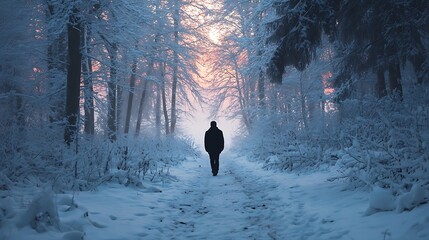 Solitary figure walking on a snow-covered path through a serene winter forest at sunrise.