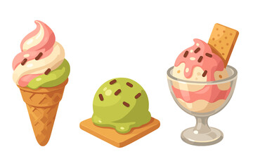 Colorful sweet frozen desserts assortment: soft serve cone, scoop, and sundae glass