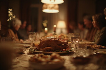 Candle-lit Thanksgiving dinner gathered around a glowing table, turkey at the center and warm conversation filling the room with seasonal joy and gratitude.