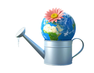 3d save the world concept. Earth day concept. watering can with a planet as a flower.  