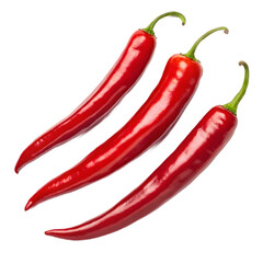 Three red chili peppers isolated on transparent background for spicy cooking