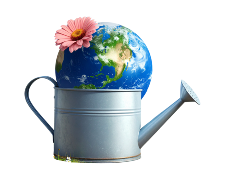  save the world concept. Earth day concept. watering can with a planet as a flower.  