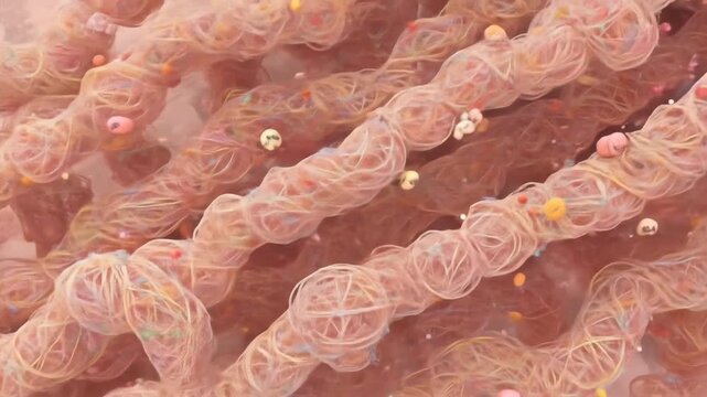 Microscopic view of collagen fibers, essential proteins for connective tissues, showing their intricate structure and associated molecules.