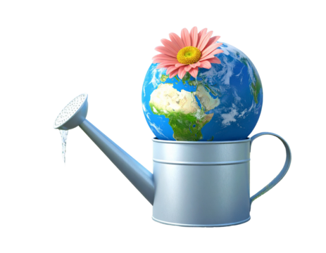 3d save the world concept. Earth day concept. watering can with a planet as a flower.  