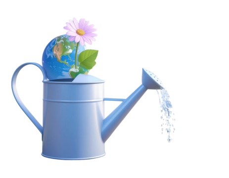 3d save the world concept. Earth day concept. watering can with a planet as a flower.  