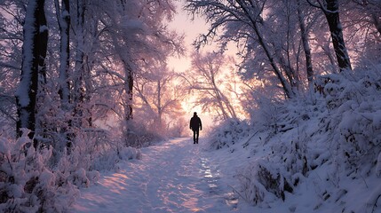 Person walks on a snowy path through frost-covered forest at beautiful sunrise or sunset