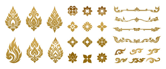 Thai decorative graphic elements collection featuring golden lotus, flame motifs, Kanok patterns, and floral vector ornaments for traditional design and cultural branding