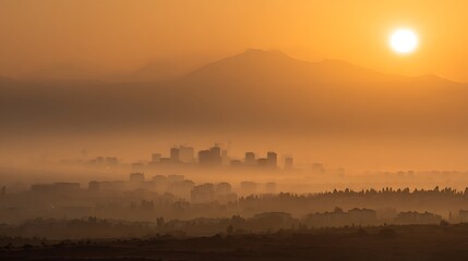 Hazy morning cityscape with distant mountains and glowing sun, urban development site