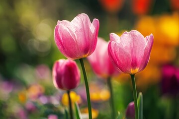 Obraz premium Colorful Tulips Bloom in a Vibrant Garden During Springtime Sunlight