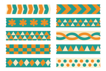 Decorative washi tape collection featuring vibrant orange, teal, and beige patterns, ideal for scrapbooking and crafts