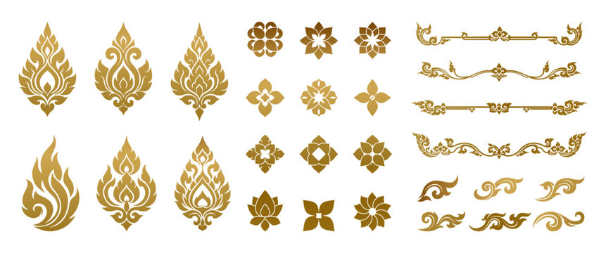 Thai decorative graphic elements collection featuring golden lotus, flame motifs, Kanok patterns, and floral vector ornaments for traditional design and cultural branding