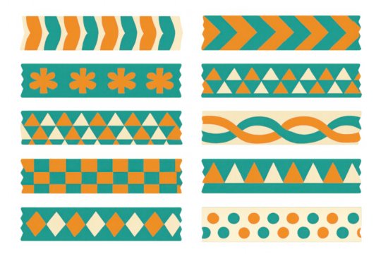 Decorative washi tape collection featuring vibrant orange, teal, and beige patterns, ideal for scrapbooking and crafts
