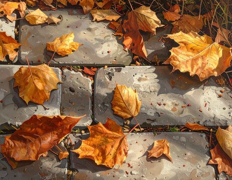 Textured cement paving blocks with scattered dry leaves in soft daylight. Natural outdoor walkway background for seasonal, environmental, or architectural design themes. - Powered by Adobe