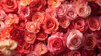 Obraz premium Macro floral composition of overlapping rose blooms, creating a seamless romantic and luxurious background effect