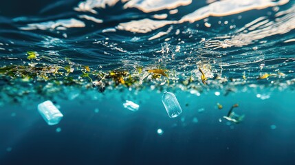 Fototapeta premium Microplastics and small pieces of plastic floating near the surface of clear blue sea, emphasizing environmental harm and contamination.