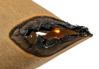 Intense smoldering burn hole in fibrous material glowing with an internal light source transparant backdrop