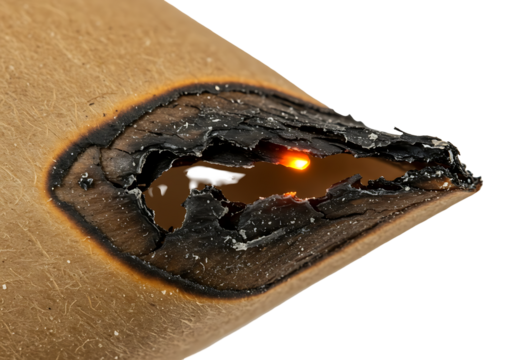 Intense smoldering burn hole in fibrous material glowing with an internal light source transparant backdrop