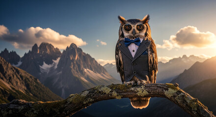 Wise owl in tuxedo sits on mountain peak reflecting in water