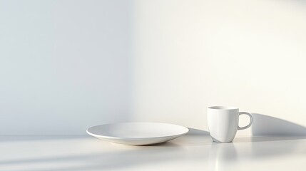 Minimalist composition with round white plate and cup on white surface, clean and bright aesthetic for lifestyle or kitchen visuals