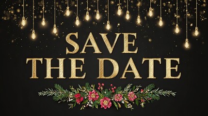 Elegant save the date invitation with gold lettering floral design and glowing lights on black background