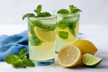 Fototapeta premium Refreshing Lemon Mint Drinks Enhance Summer Gatherings in Bright, Inviting Setting