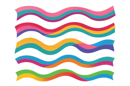 Vibrant flowing wave strips creating abstract colorful overlapping ribbons and liquid shapes design element on transparent background