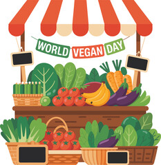 World Vegan Day Market Stall with Fresh Produce vector