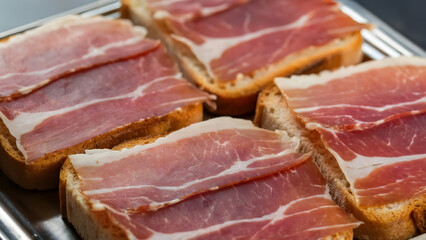Enjoy delicious cured ham slices on toasted bread for an elegant appetizer or savory snack