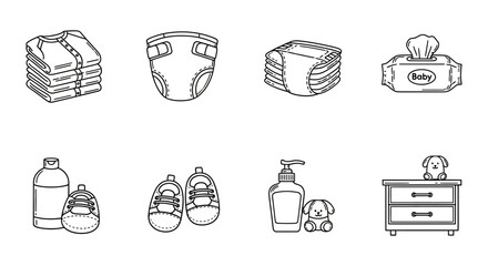 baby items icons essential childcare products including diapers clothes toiletries and a toy chest line art illustrations for nursery design projects.