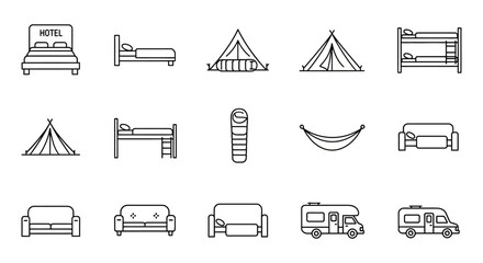 Accommodation options icons Various lodging options and places for staying during travels from camping and hotels to rentals and roadside rest stops