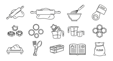 baking ingredients icons rolling pin and flour baking tools for homemade cookie preparation sweet cooking illustration baking process and kitchenware