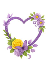 Purple heart frame decorated with flowers and butterflies