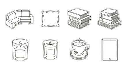 Cozy home illustrations couch pillow books candles coffee cup and tablet representing relaxation comfort and digital lifestyle perfect for blog header.