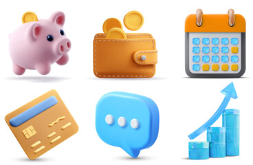 3D style. Finance Vector Icons Set Piggy Bank Wallet Coins Credit Card Calendar Growth