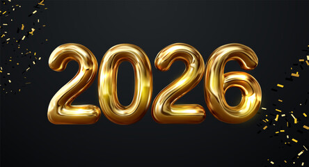 3D render of shiny gold 2026 numbers on dark background for New Year celebration design. uxury Gold 2026 Numerals 3D Illustration for Holiday 