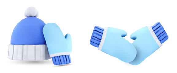 3D vector of blue winter mittens and beanie hat with pompom isolated on white
