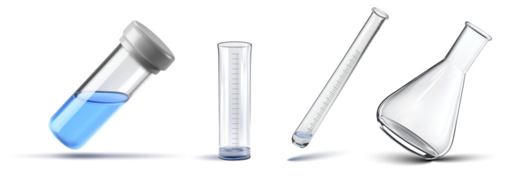 Vector illustration set of laboratory glassware featuring a capped vial with blue liquid, graduated cylinder, marked test tube and Erlenmeyer flask, isolated on white for science and chemistry design