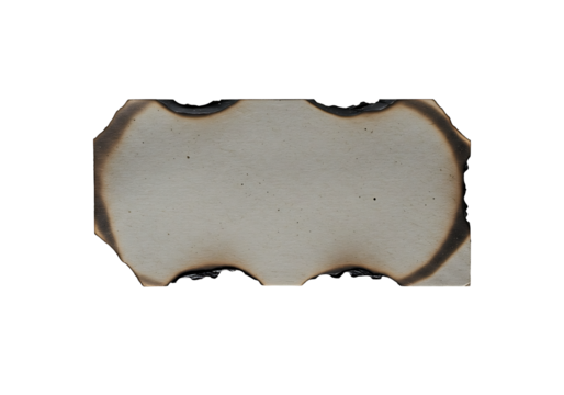 Distressed light-colored paper with charred wavy edges on transparant background for design overlay