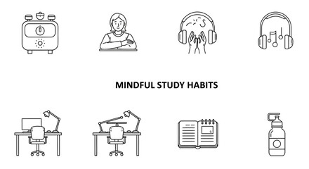 Mindful study habits woman studying desk setup listening to music prioritizing self-care creating productive study routines and staying healthy.