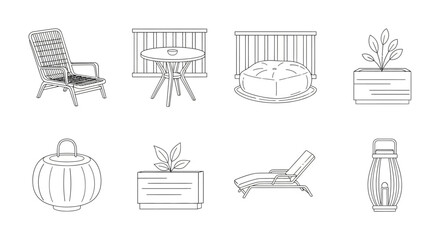 Outdoor furniture line art illustration for patio design  summer decor projects offering relaxed backyard vibes and minimalist stylish design elements