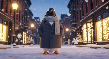 Penguin dressed for winter standing on snowy street at night