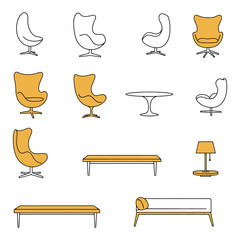 mid-century modern furniture collection chairs tables and seating elements in a clean minimalist style for interior design projects