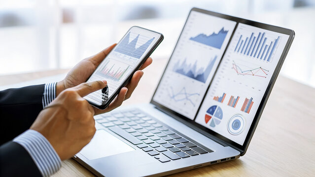 Close up of a businessman analyzing financial data on a laptop and smartphone, showcasing business intelligence and analytics