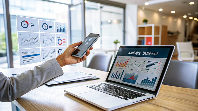 Business person analyzing financial data on laptop and smartphone, showcasing charts and graphs for strategic decisionmaking