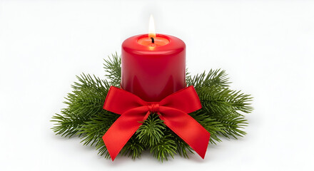 Red Christmas Candle with Green Branches, Festive Candle with Bow, Holiday Candle Isolated on White, Christmas Centerpiece Candle, Warm Winter Candle, Cozy Holiday Light, Elegant Red Candle Decoration