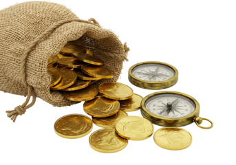 This image depicts a collection of shiny golden coins spilling from a rustic burlap sack alongside two classic navigational compasses