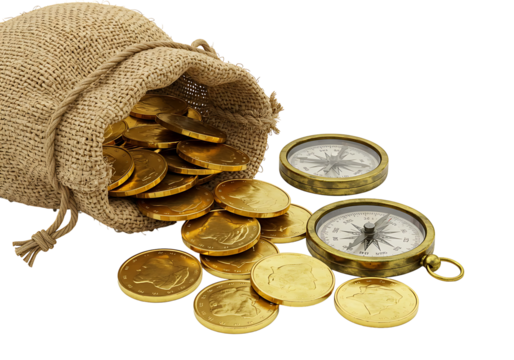 This image depicts a collection of shiny golden coins spilling from a rustic burlap sack alongside two classic navigational compasses