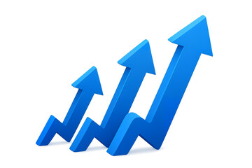 Three blue arrows pointing upwards isolated on transparent background, growth concept