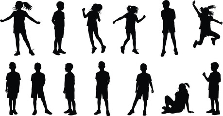 Obraz premium Children silhouette, playful kids, jumping, dancing, walking, sitting, black vector, isolated, active poses, childh